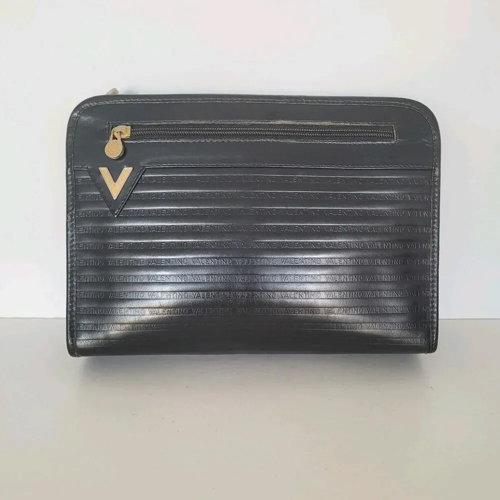 Mario Valentino Bag Clutch Handbag‎ Vintage Pouch Italian Black Zip Leather 10x7